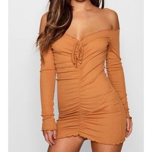 Petite Ruched Front Rib Bardot Bodycon Dress